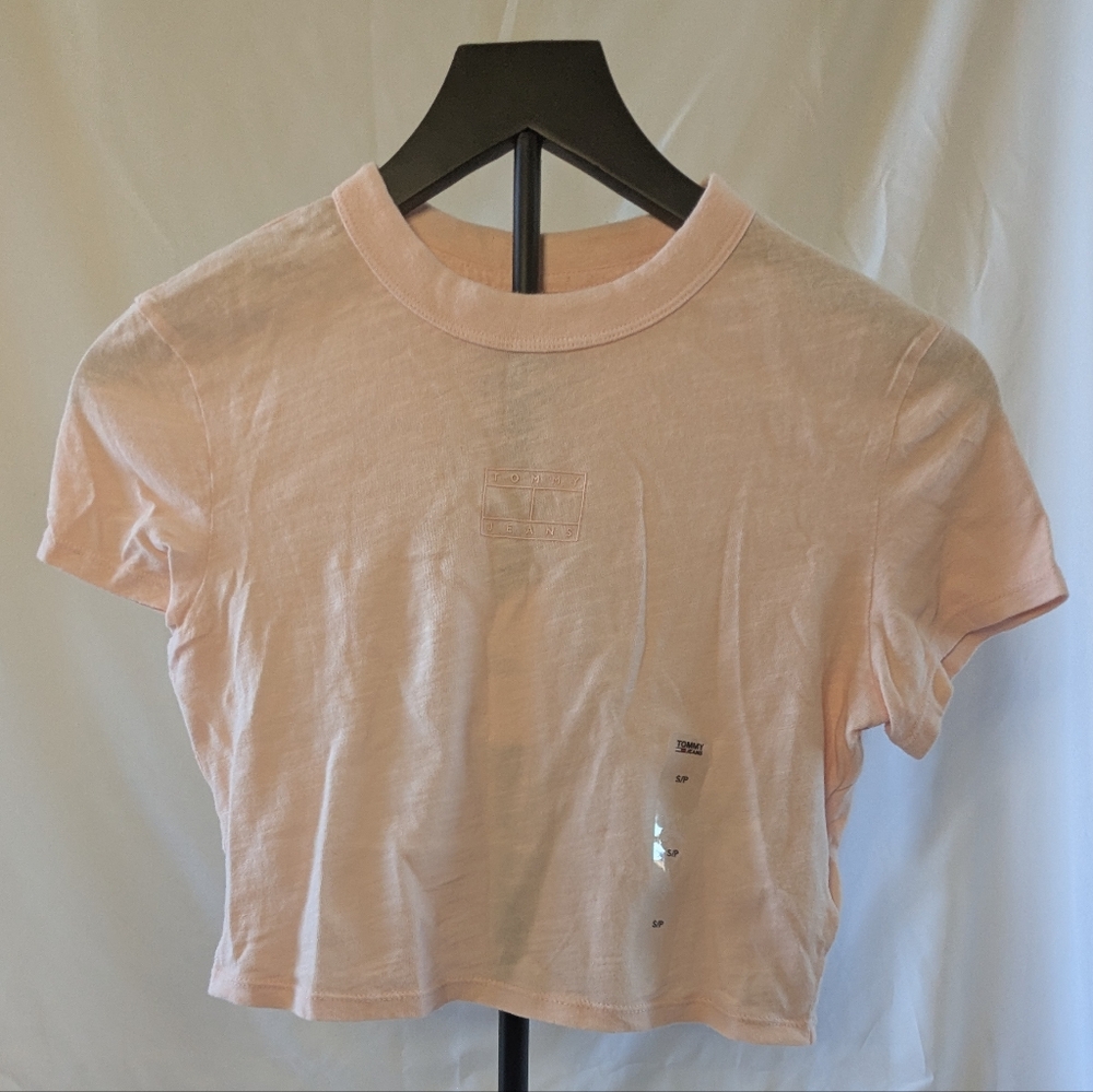 Tommy Jeans Pink Crop Top with Tonal Flag Logo Imprint Small NWT